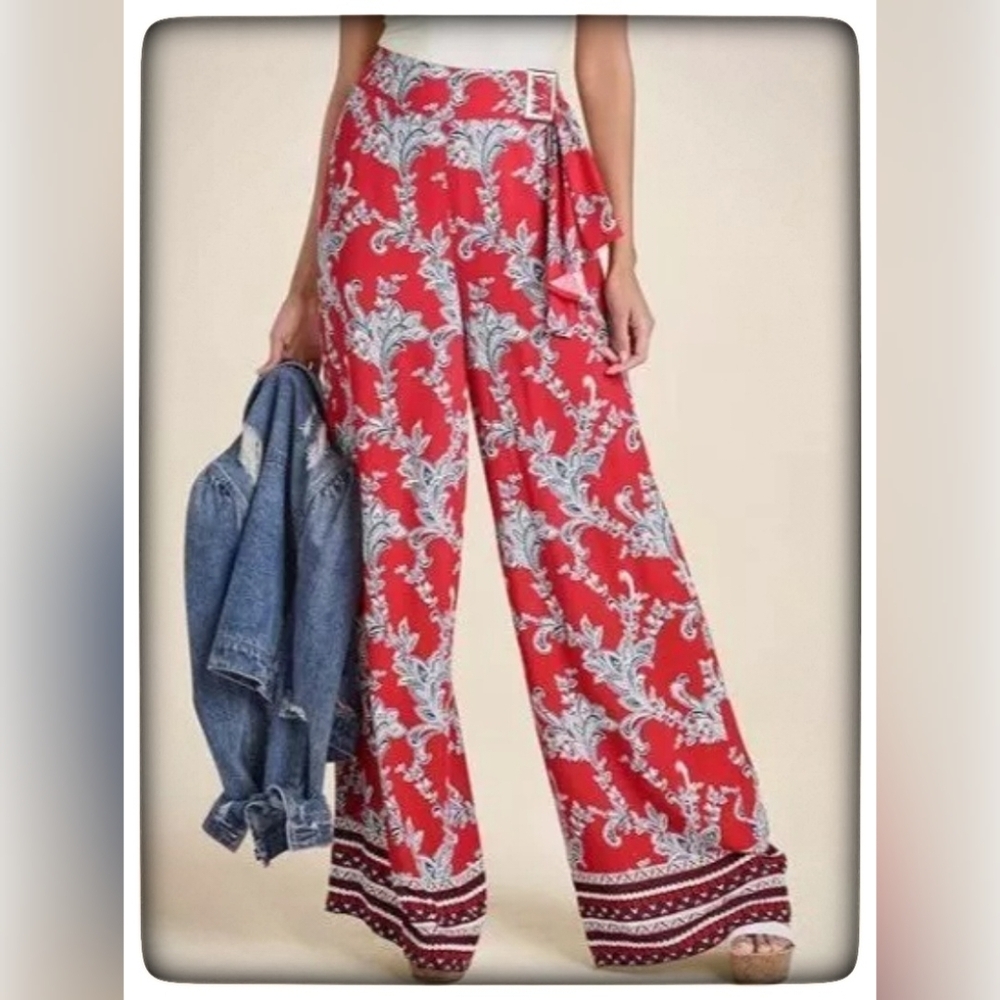 Venus Red Paisley Wide-Leg Pants Sz S